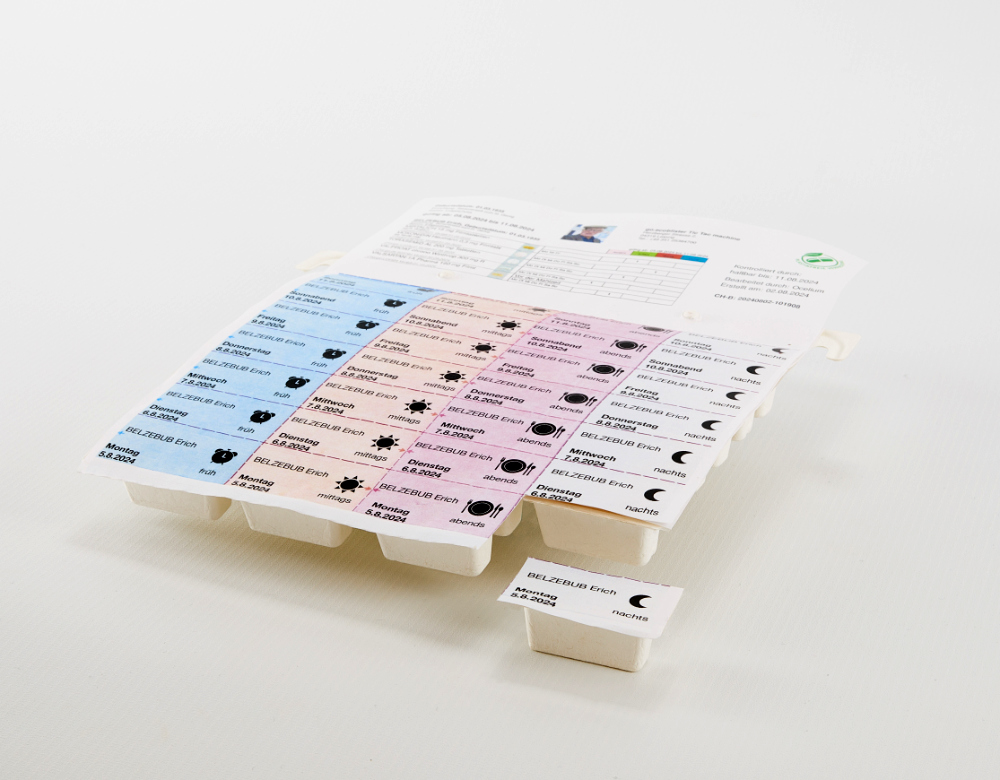 Ein individuelle Verblisterung für einen Patienten mit Angabe zu den Medikamenten.